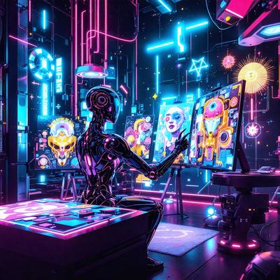 The primary subject of the image is a robot, which is sitting in front of a computer screen. The robot is positioned on a chair, and it appears to be working on a computer. The setting is a futuristic environment, with a backdrop of neon lights and a pink and blue color scheme. The visual style of the image is a combination of digital art and illustration, creating a unique and captivating scene.